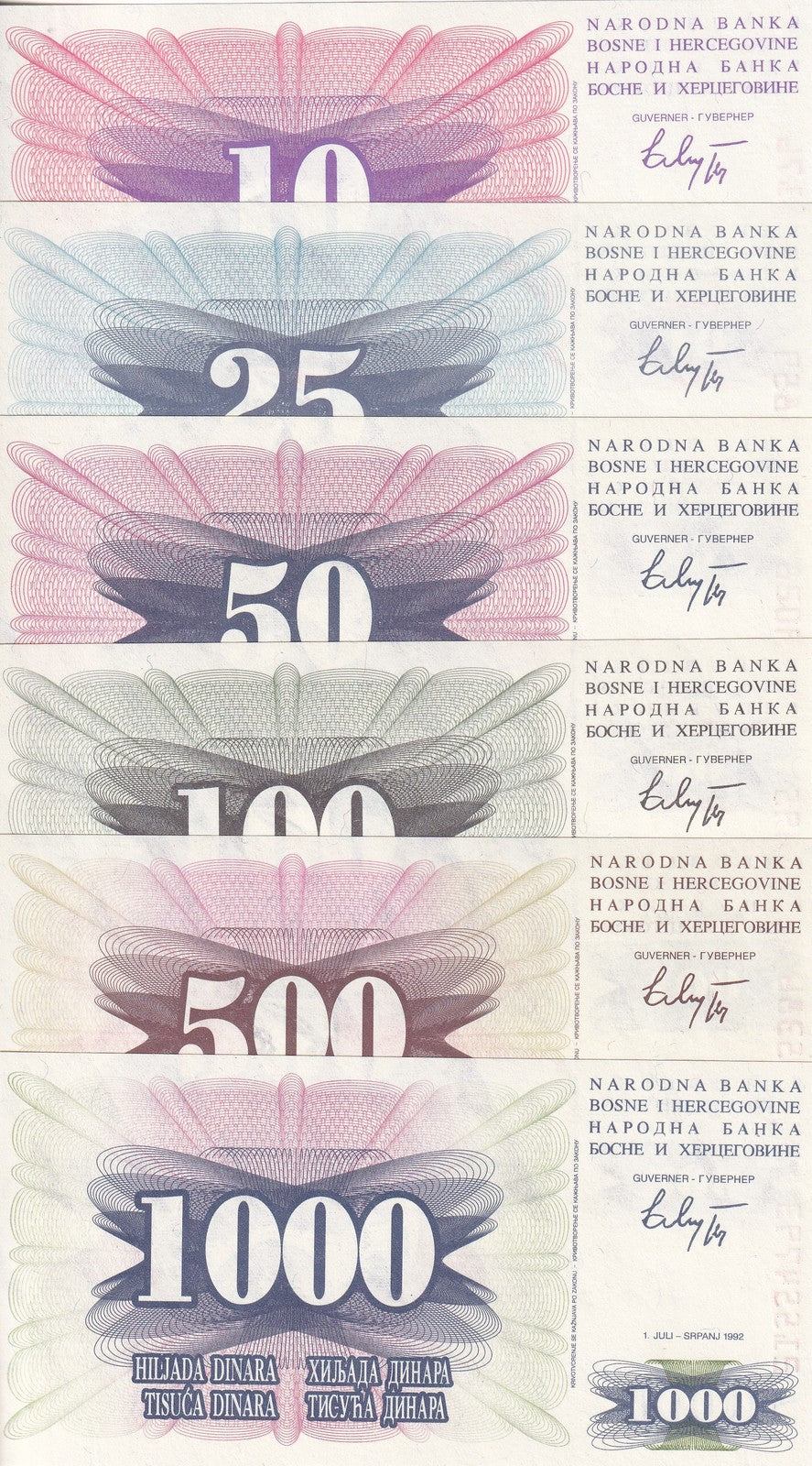 Bosnia Set 6 Pcs 10 25 50 100 500 1000 Dinara 1992 P 10 11 12 13 14 15 UNC