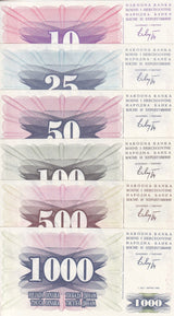 Bosnia Set 6 Pcs 10 25 50 100 500 1000 Dinara 1992 P 10 11 12 13 14 15 UNC