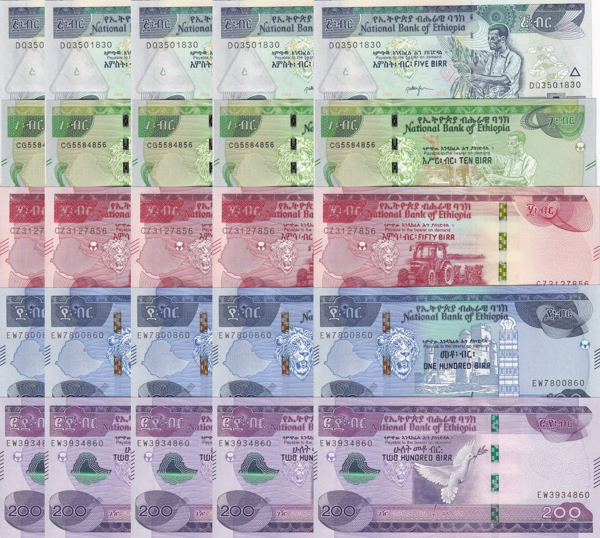 Ethiopia Set 5 x Lot 5=25 UNC 5 10 50 100 200 Birr 2012-2023 P 47 53 54 55 56