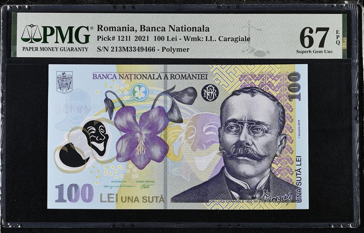 Romania 100 Lei 2021 P 121 l Polymer Superb Gem UNC PMG 67 EPQ