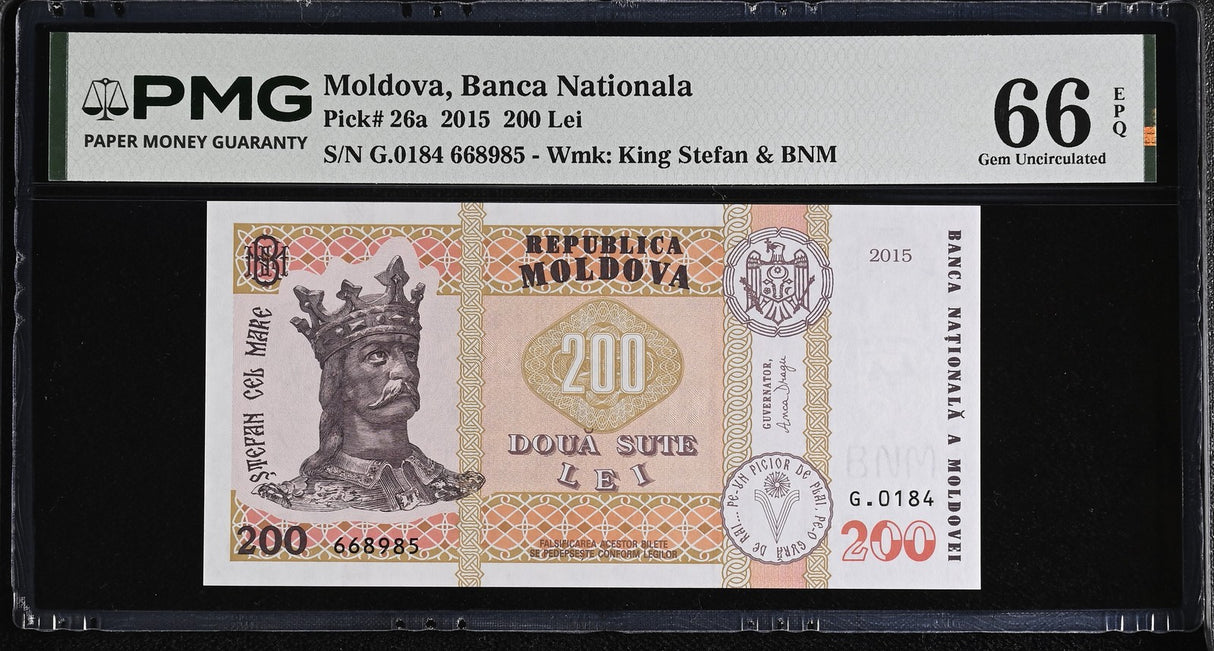 Moldova 200 Lei 2015 P 26 a Gem UNC PMG 66 EPQ WTM King Stefan & BNM