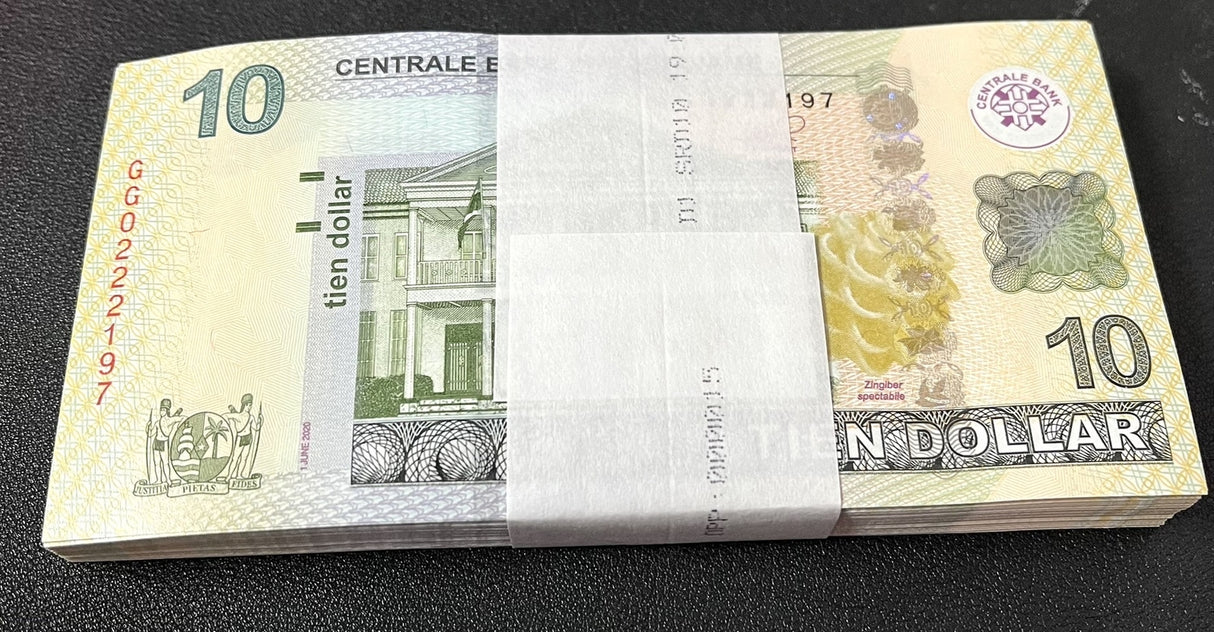 Suriname 10 Dollars 2020 P 163 New Sign UNC LOT 100 PCS 1 Bundle