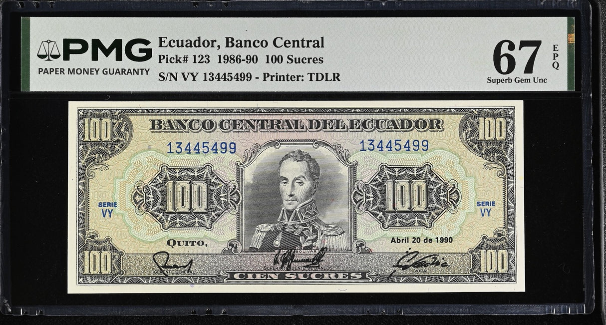 Ecuador 100 Sucres 1990 P 123 Superb Gem UNC PMG 67 EPQ