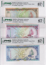 Maldives set 3; 10 20 50 Rufiyaa 2006 2008 P 19-P 21 Gem UNC PMG 67 EPQ