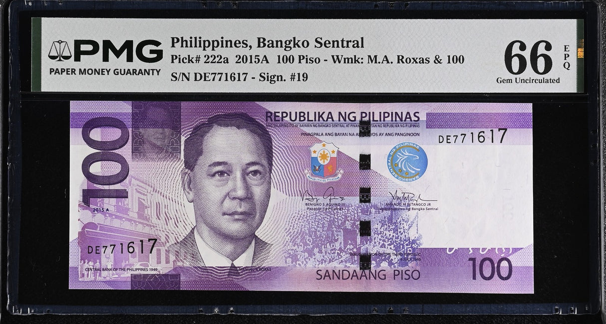 Philippines 100 Piso 2015A P 222 a Gem UNC PMG 66 EPQ ,Wtm M.A. Roxas &amp; 100