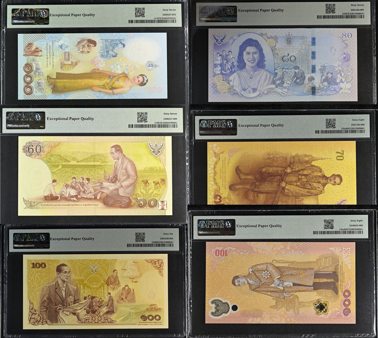 Thailand Set 6; 60 70 80 100 Baht P 111 116 124 125-143 GEM UNC PMG 66 67 68 EPQ