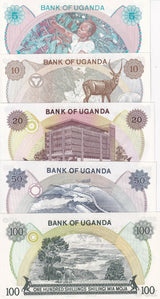 Uganda Set 5 UNC 5 10 20 50 100 Shillings 1973-1977 P 5A P 6 P 7 P 8 P 9