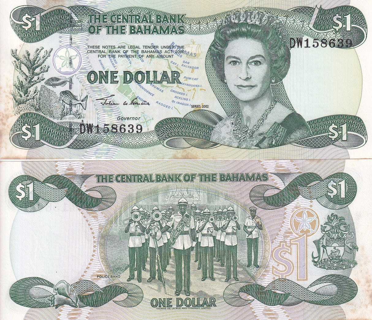 Bahamas 1 Dollar 2002 P 70 UNC With Yellow Foxing , TDLR ,Police Band