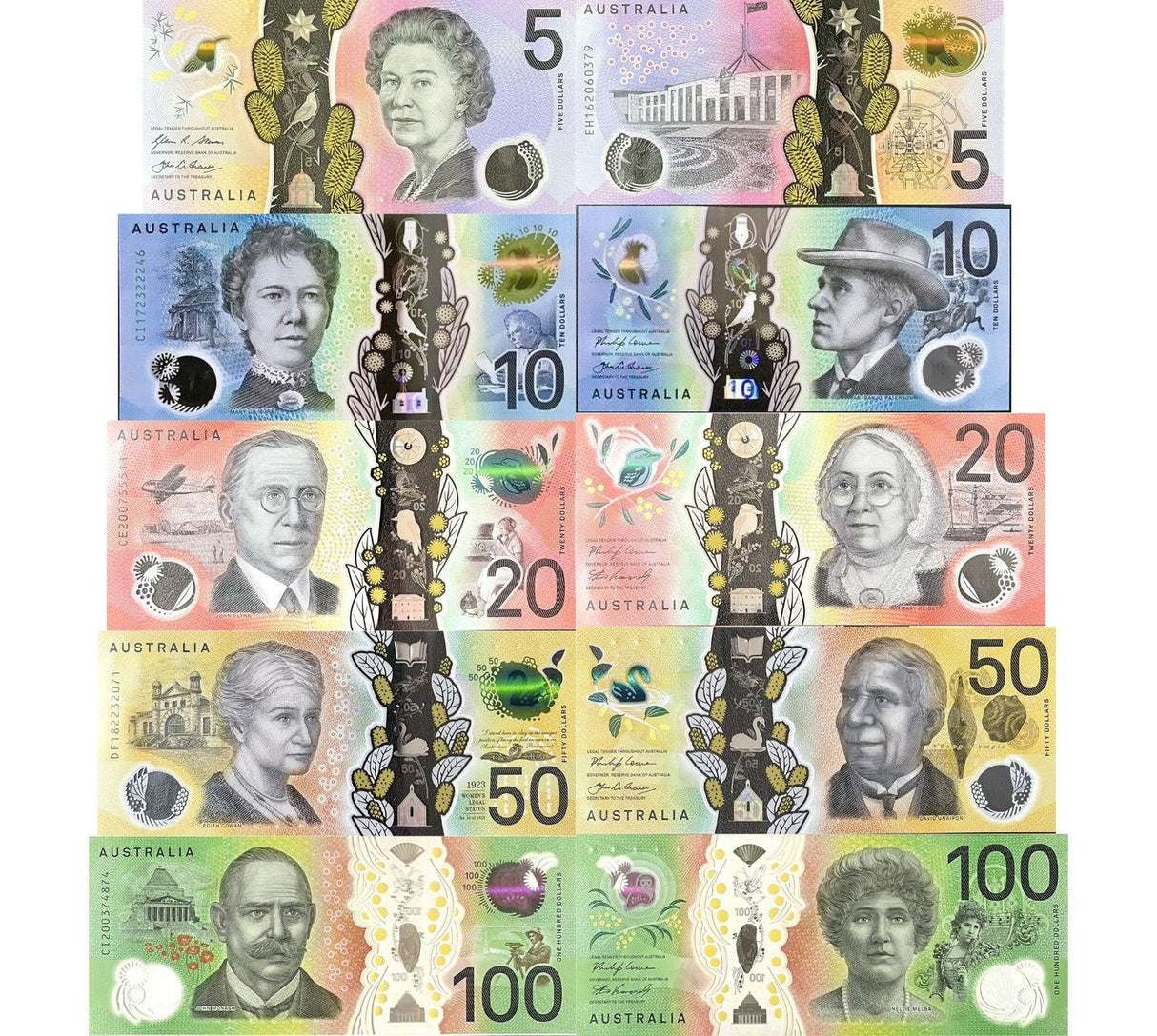 Australia Set 5 UNC 5 10 20 50 100 Dollars P 62 63 64 65 P 66 2016-2020 Polymer