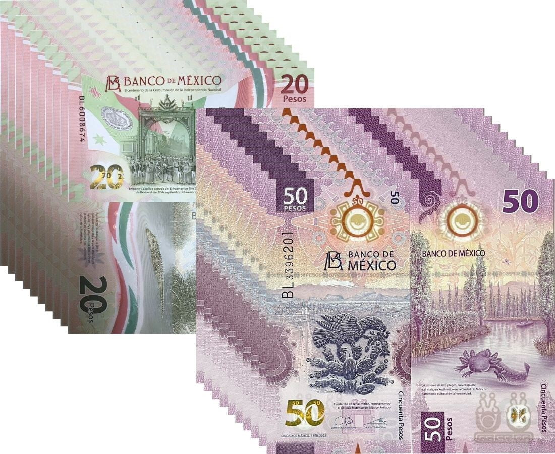 Mexico set 2 x Lot 10 = 20 UNC 20 50 Pesos P 132 133 Mixed Date/Sign Polymer