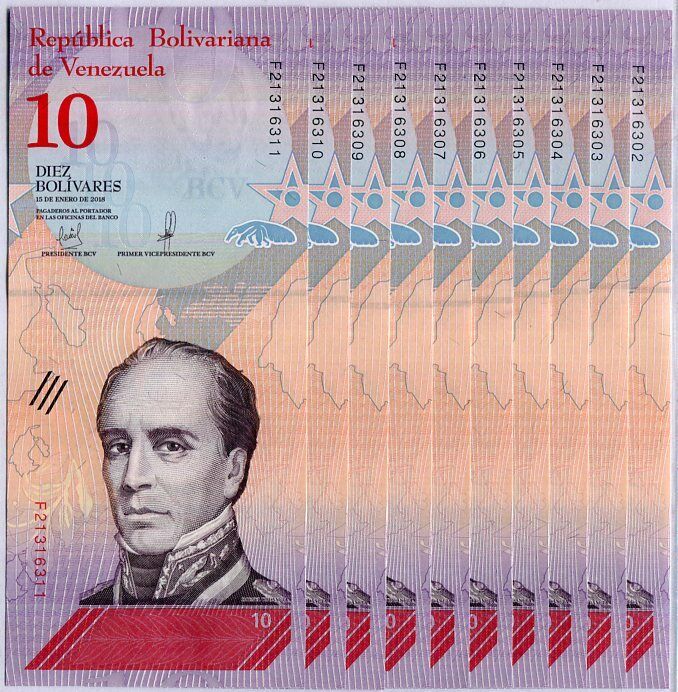 Venezuela 10 Bolivares 2018 P 103 UNC LOT 10 PCS 1/10 BUNDLE