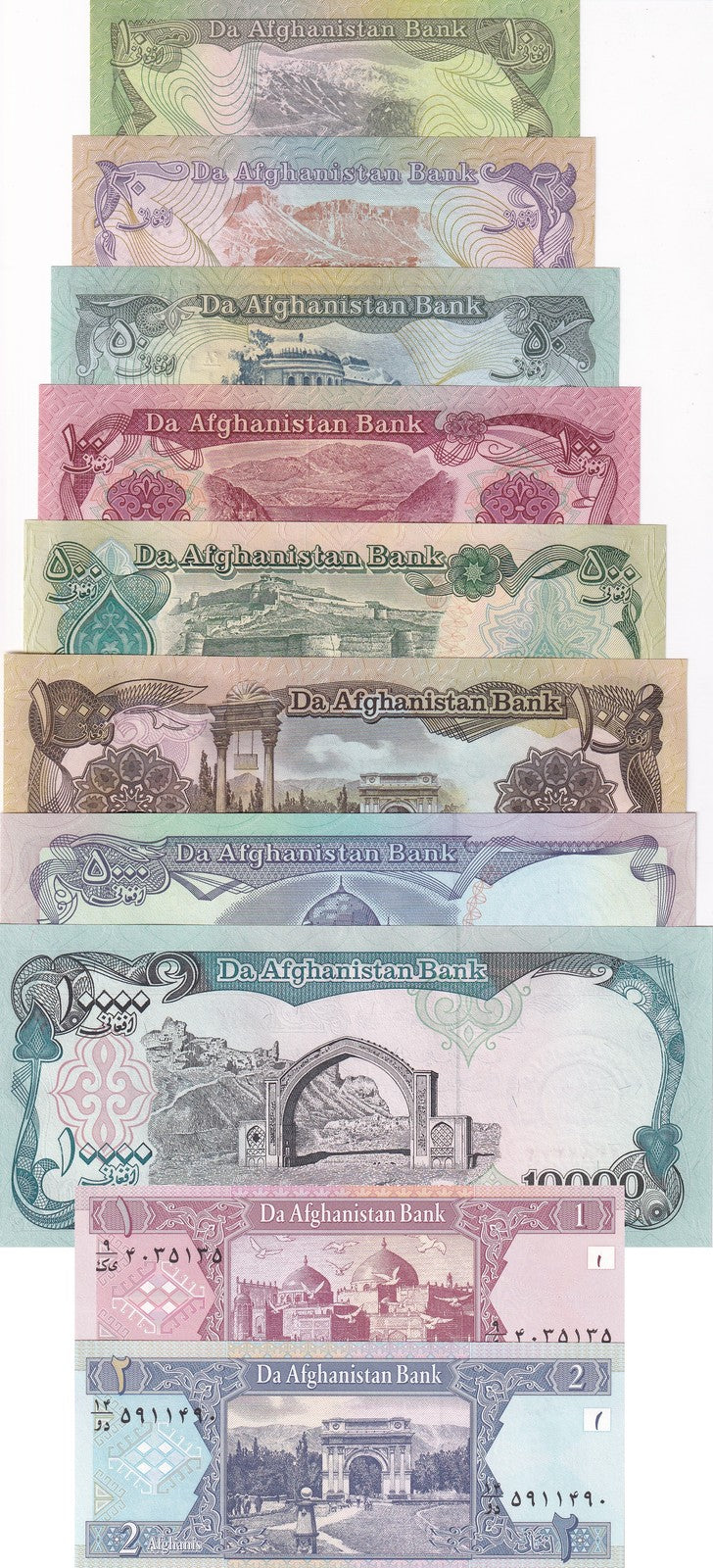 Afghanistan Set 11 UNC 1 2 5 10 20 - 10000 Afghanis P 55 56 - 63 64 65 66