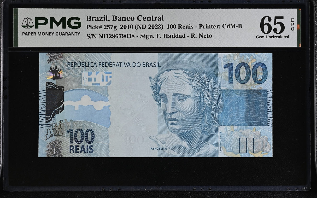 Brazil 100 Reais 2010 ND 2023 P 257 g Gem UNC PMG 65 EPQ