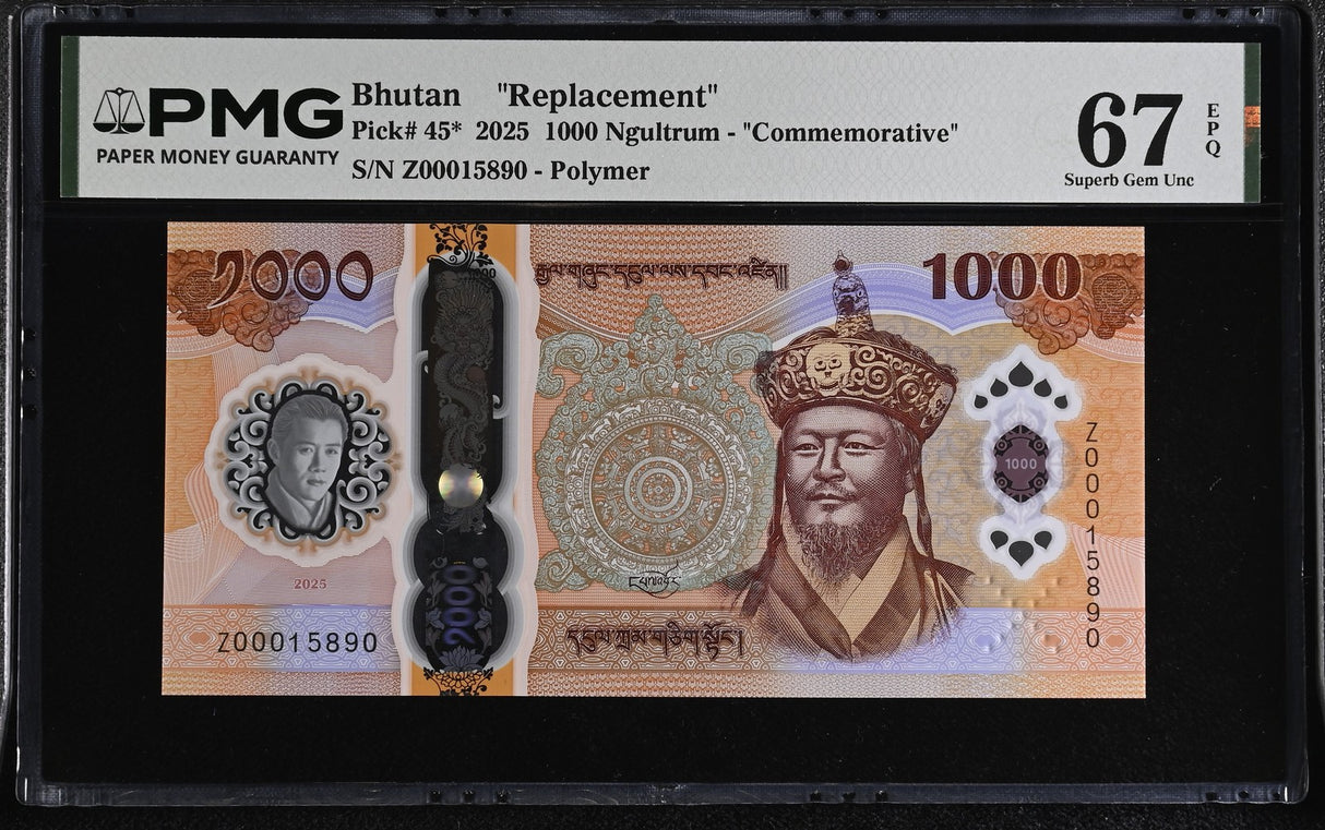 Bhutan 1000 Ngultrum 2025 P 45* Replacement Z Comm. Superb Gem UNC PMG 67 EPQ