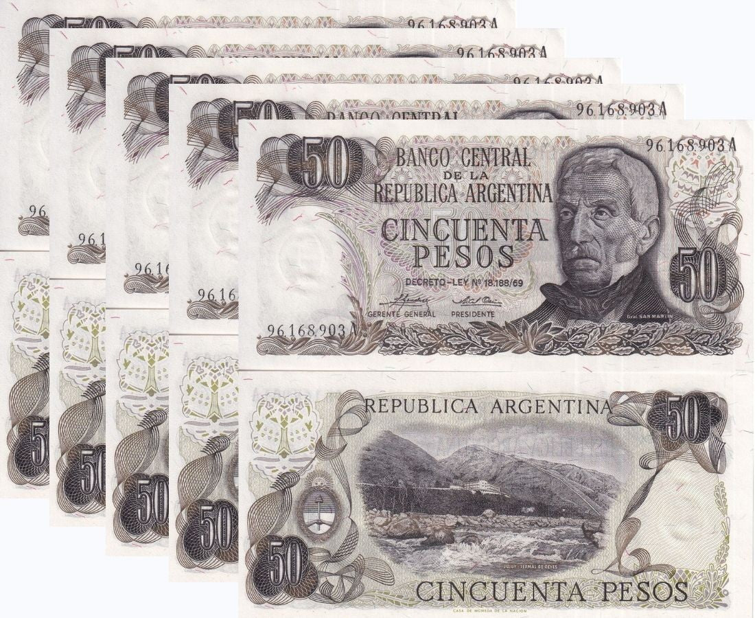 Argentina 50 Pesos ND (1974-1975) SERIES B P 296 UNC LOT 5 PCS