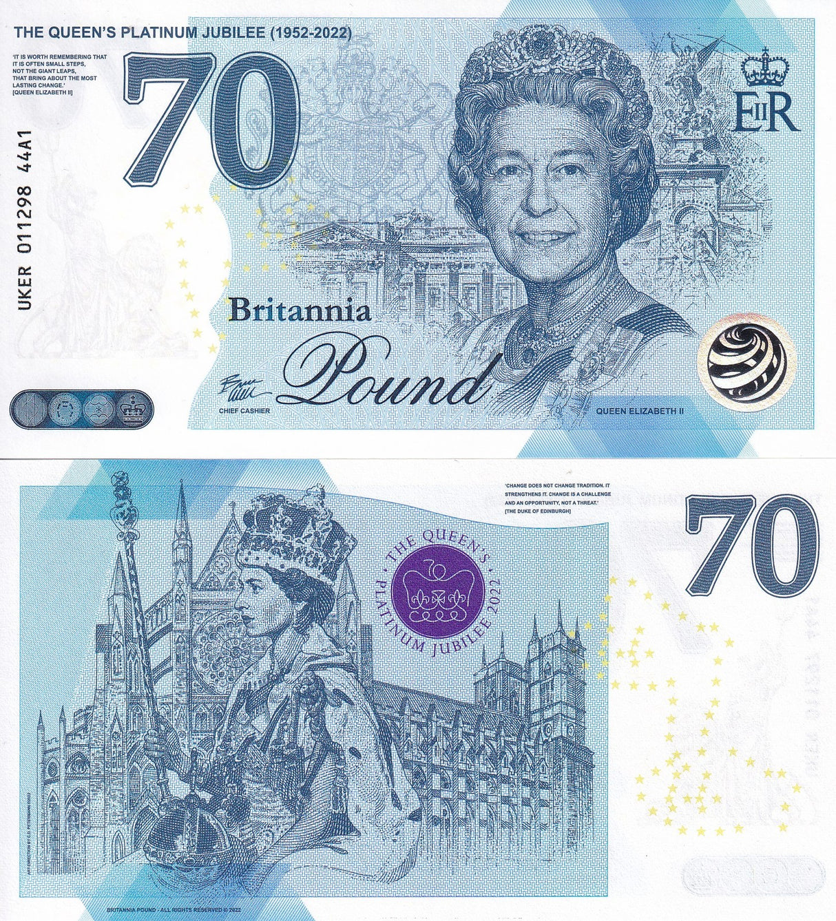 Great Britain 70 Pounds ND 1952-2022 Test Note QUEEN PLATINUM JUBILEE Comm. # 1