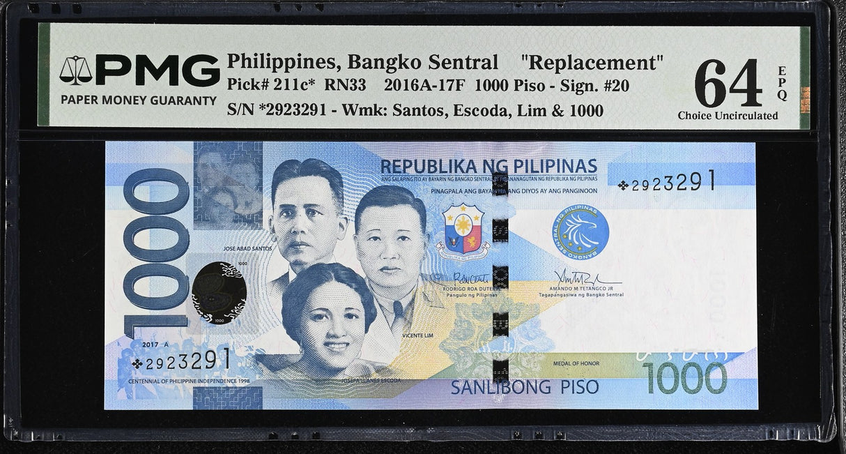 Philippines 1000 Piso 2016 P 211 c* Replacement Choice UNC PMG 64 EPQ