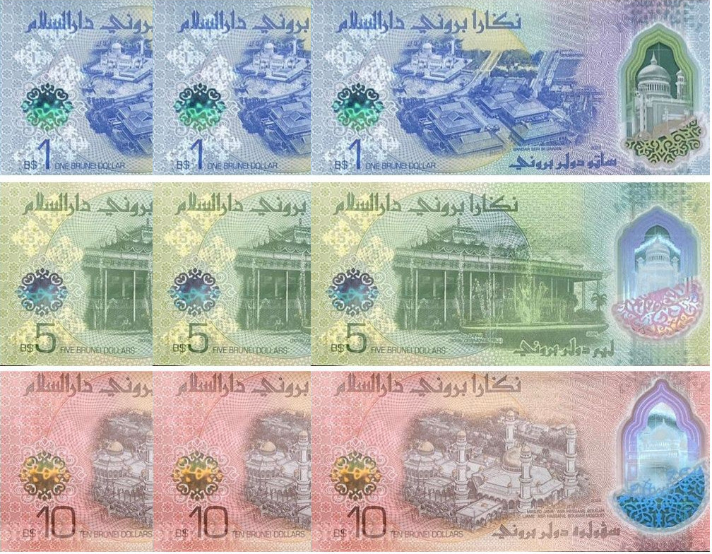 Brunei SET 3 X LOT 3 = 9 UNC 1 5 10 Dolar Dollars 2024 2026 P NEW Polymer