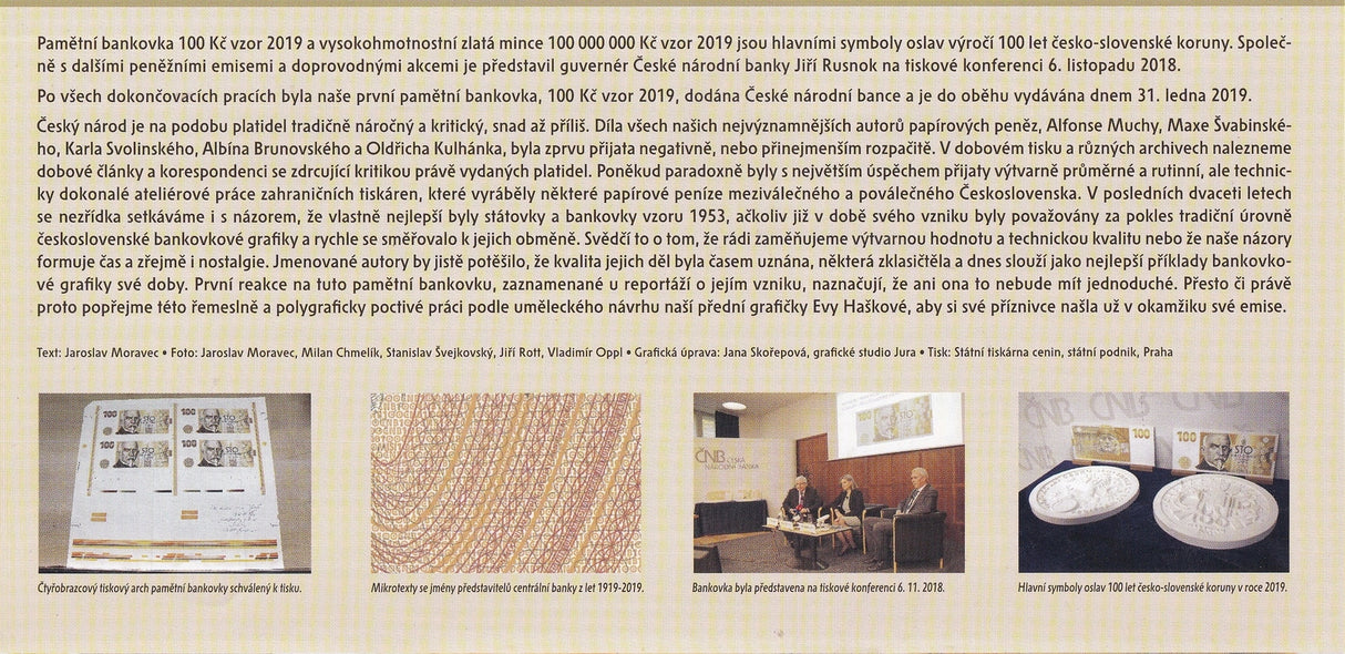 Czech Republic 100 Korun 2019 Commemorative BIG Note P 29 UNC W/Folder