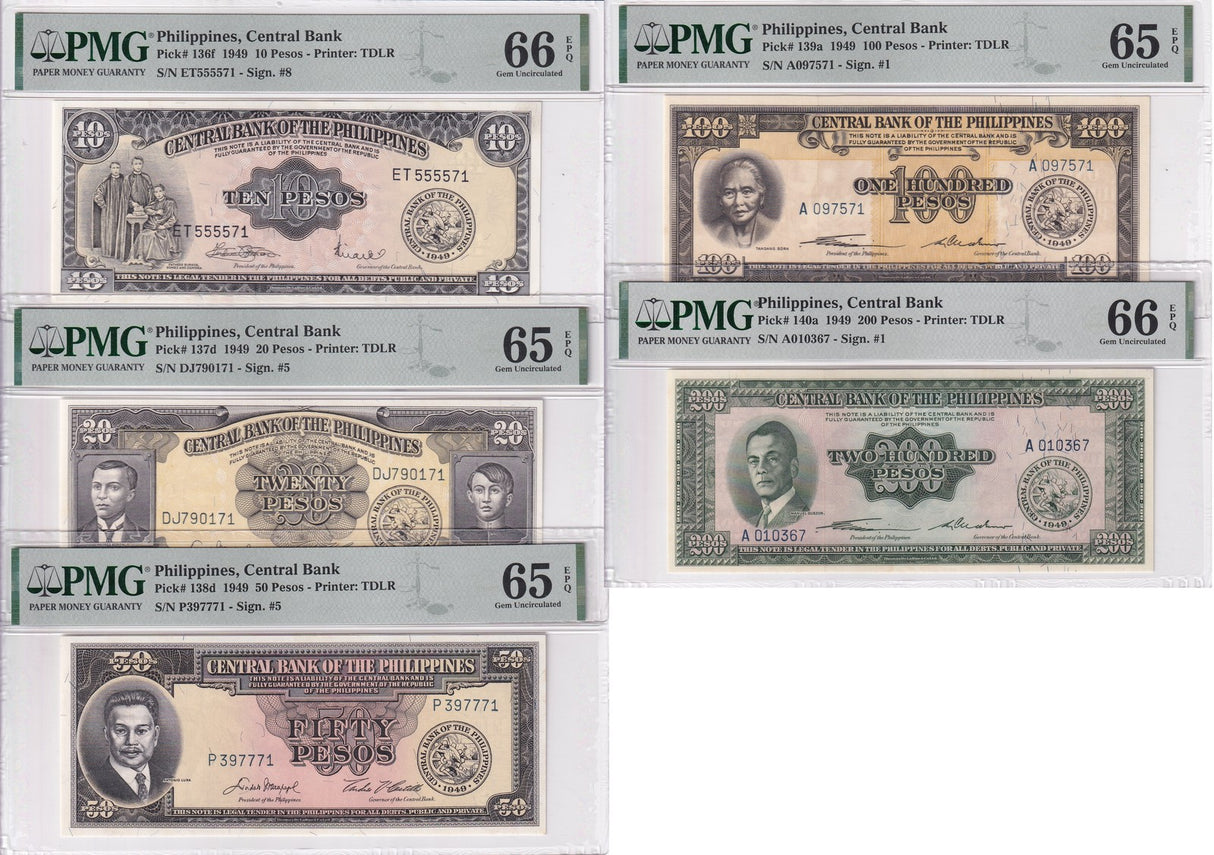 Philippines Set 5; 5 10 20 50 100 200 Pesos 1949 P 136-140 Gem UNC PMG 65 66 EPQ