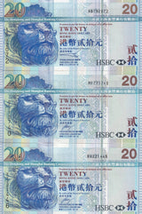 Hong Kong Set 3 UNC 20 Dollars 2003 2007 2008 P 207 HSBC Lion