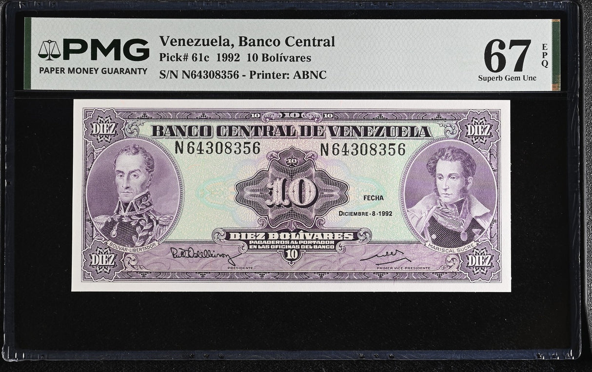 Venezuela 10 Bolivares 1992 P 61 c Superb Gem UNC PMG 67 EPQ