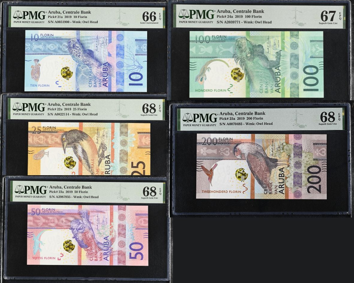 Aruba Set 5; 10 25-100 200 Florins 2019 P 21-25 Superb Gem UNC PMG 66 67 68 EPQ