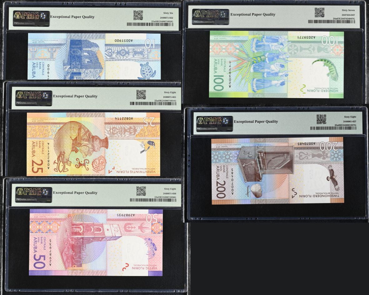 Aruba Set 5; 10 25-100 200 Florins 2019 P 21-25 Superb Gem UNC PMG 66 67 68 EPQ
