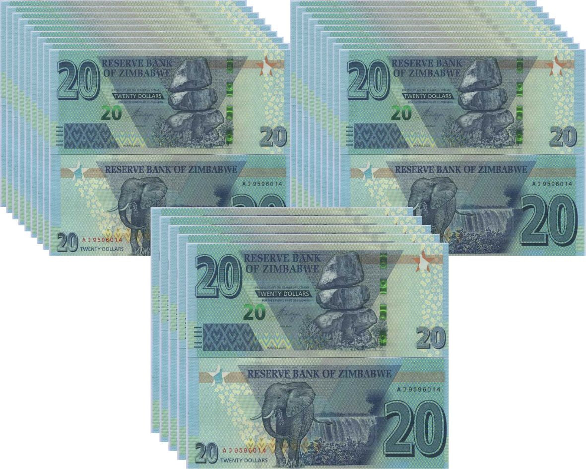 Zimbabwe 20 Dollars 2020 P 104 UNC LOT 25 PCS 1/4 BUNDLE
