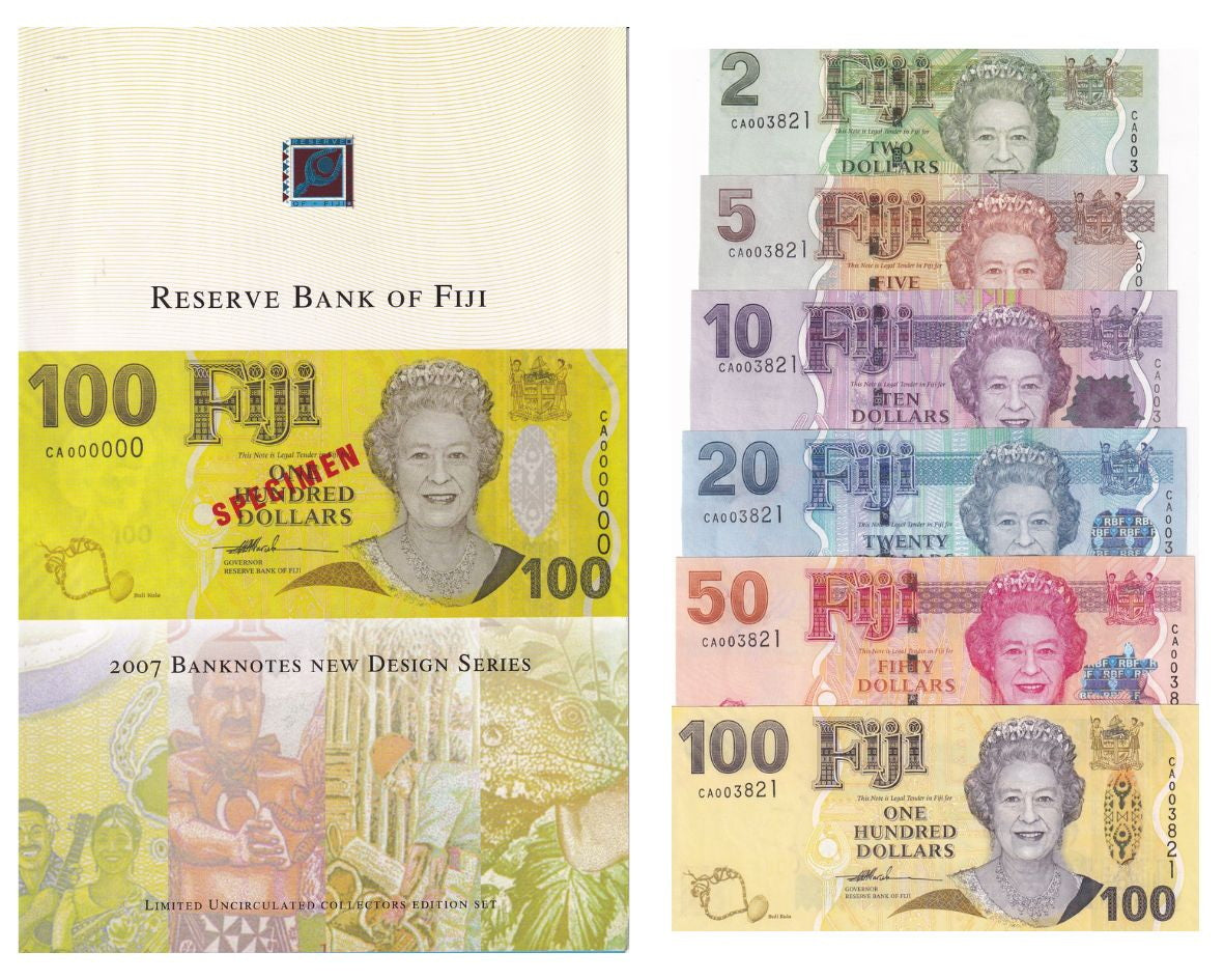 Fiji Set 6 UNC 2 5 10 20 50 100 Dollars 2007 P 109 -111 112 113 114 Matching W/F