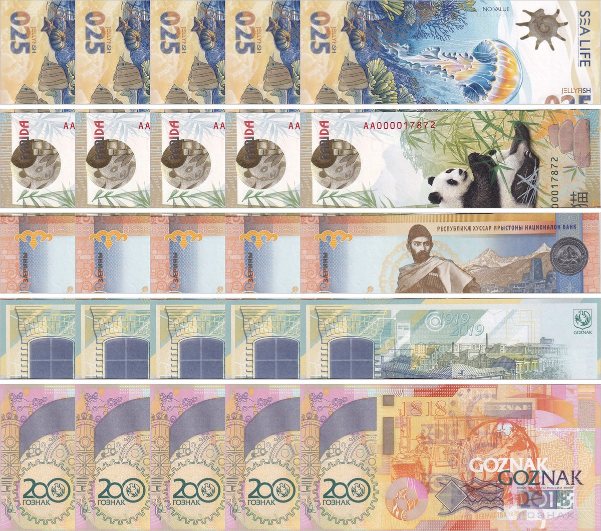South Ossetia & Test Note Russia Jellyfish Panda Set 5XLOT 5=25 UNC 2018-2025
