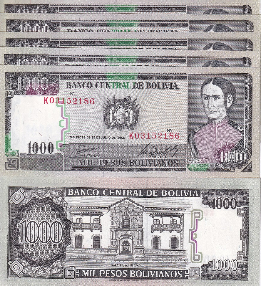 Bolivia 1000 Pesos Bolivianos 1982 P 167 UNC LOT 5 PCS