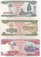 Cambodia Set 3 PCS 100 200 500 Riel 1995-1998 P 41 42 43 UNC