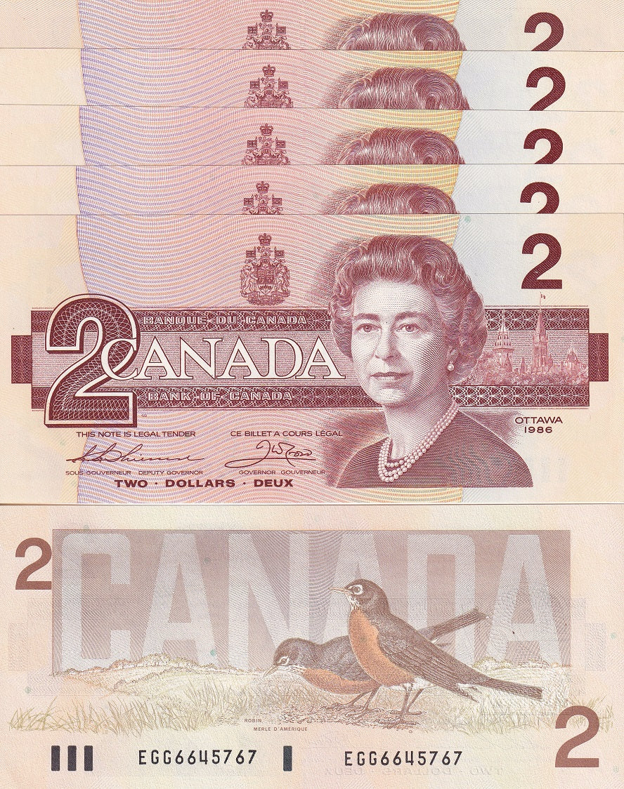 Canada 2 Dollars 1986 P 94 b Thiessen-Crow UNC Lot 5 Pcs