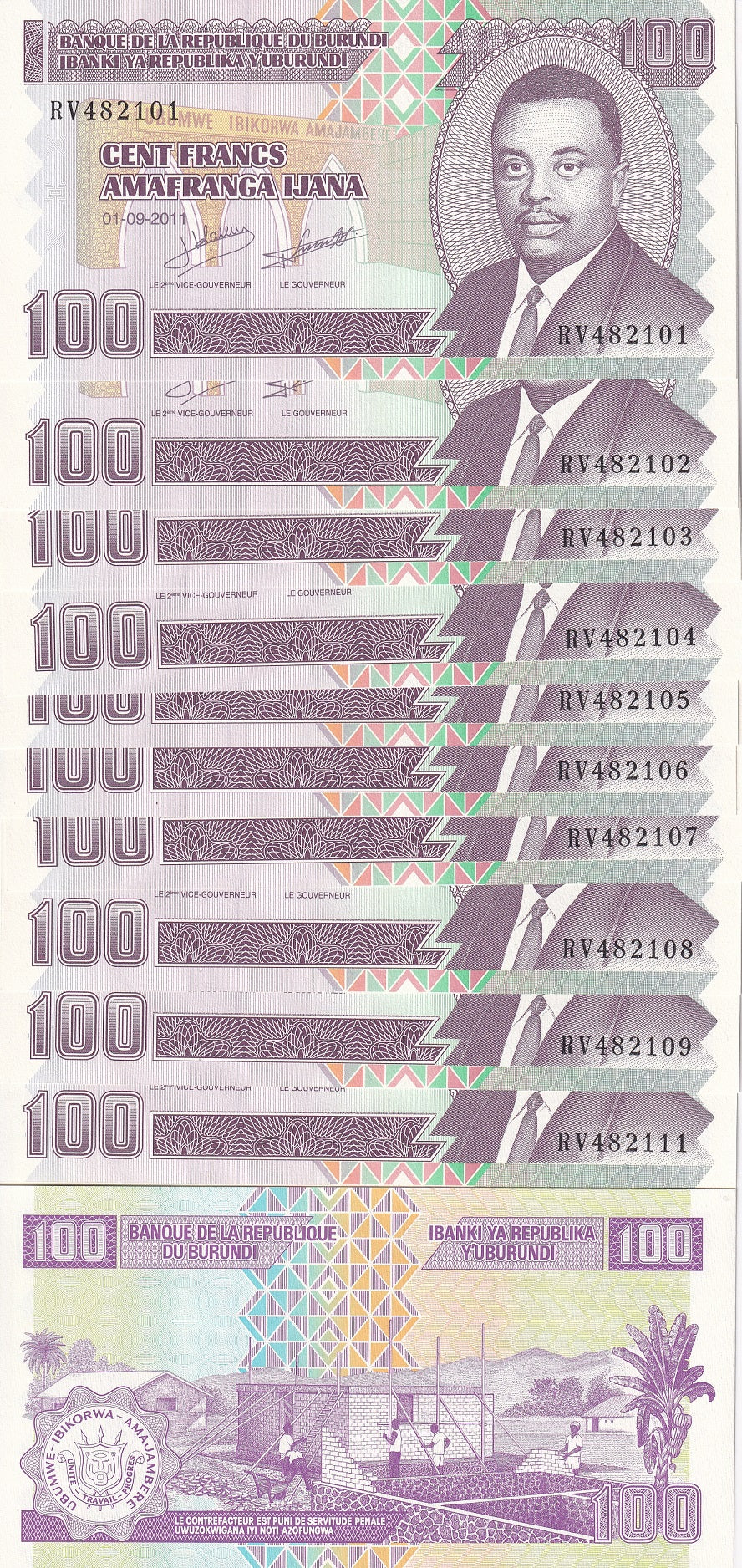 Burundi 100 Francs 2011 P 44 UNC LOT 10 PCS