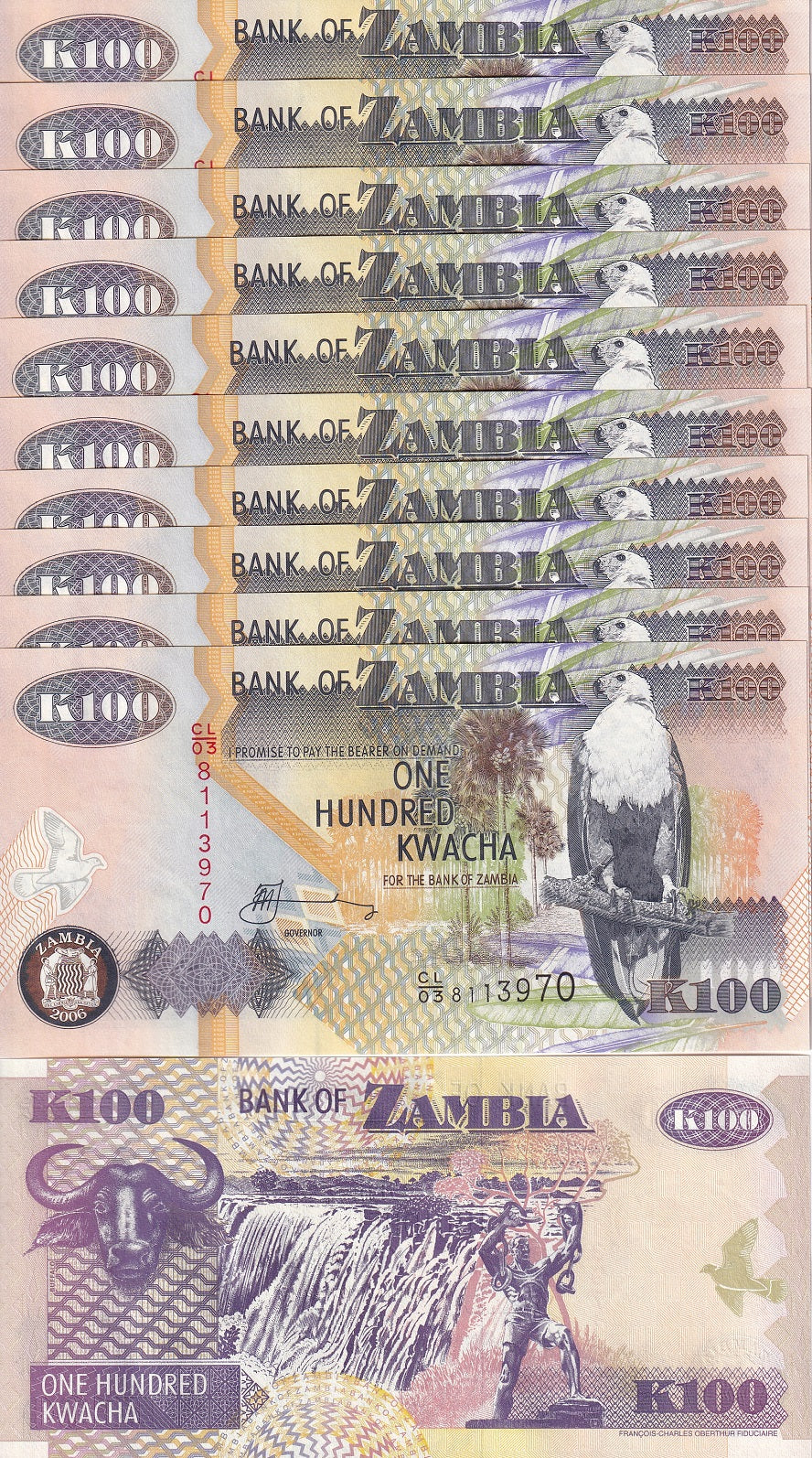 Zambia 100 Kwacha 2006 P 38 UNC LOT 10 PCS