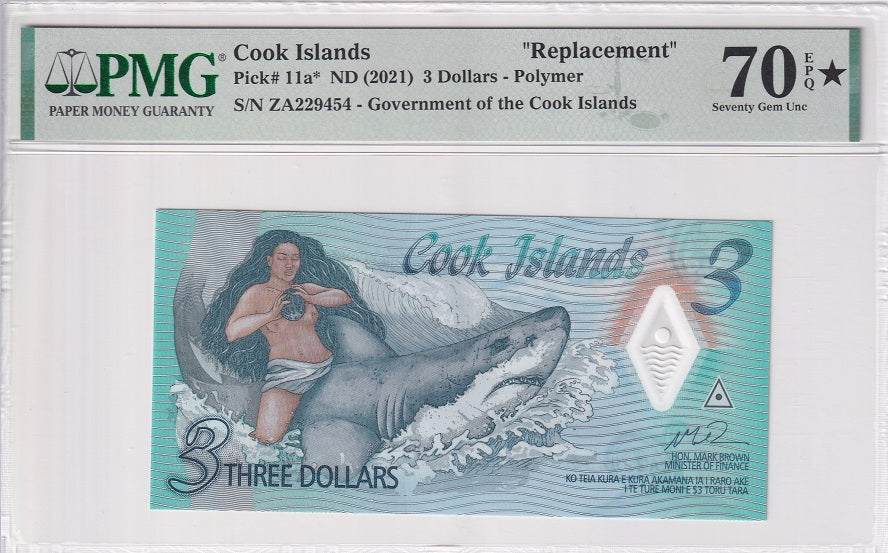 Cook Islands 3 Dollars ND 2021 P 11 a* ZA Replacement Superb Gem UNC PMG 70 EPQ