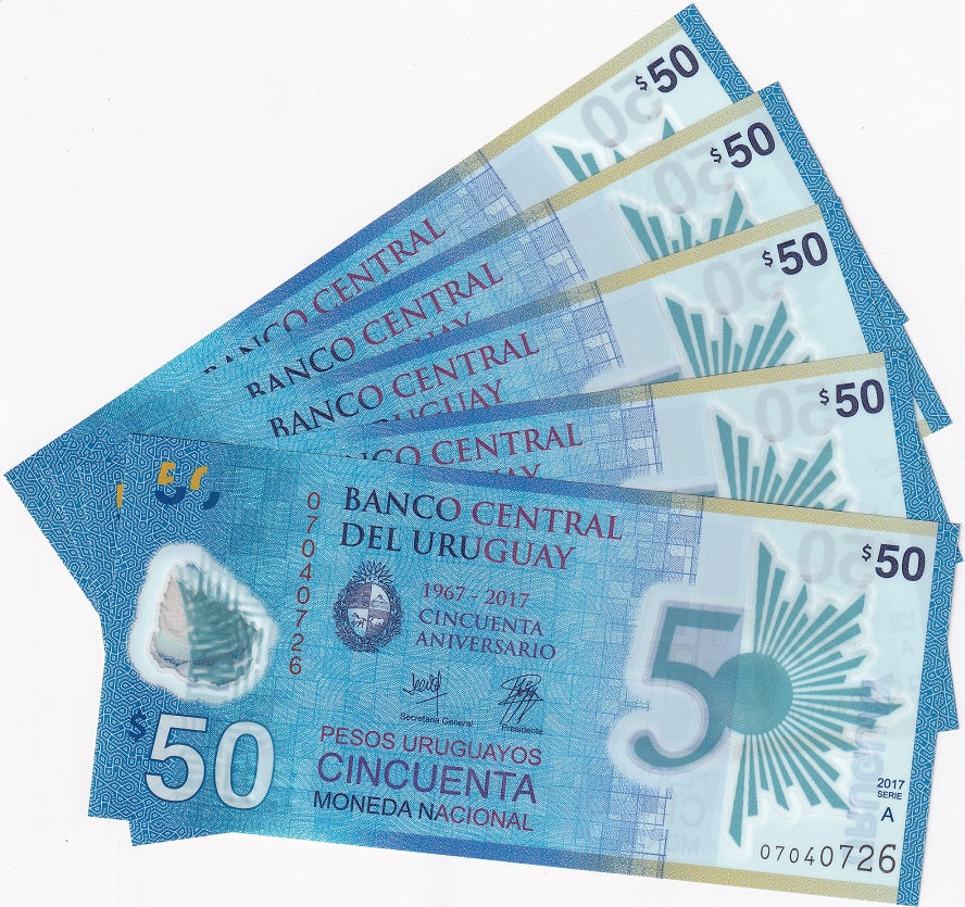 Uruguay 50 Pesos 2017 Polymer Comm. P 100 UNC LOT 5 PCS