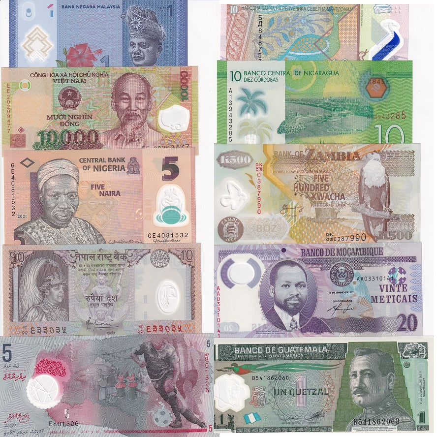 World Polymer Banknotes Set 10 Pcs Lot Different Notes From 10 Countries All UNC