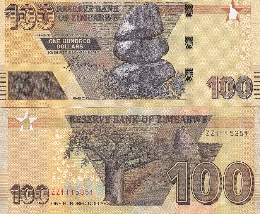 Zimbabwe 100 Dollars 2023 P 106 ZZ Replacement UNC