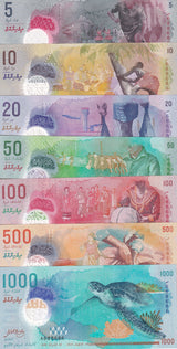 Maldives Set 7 UNC 5 - 1000 Rufiyaa 2015 - 2020 Polymer UNC Matching With Folder