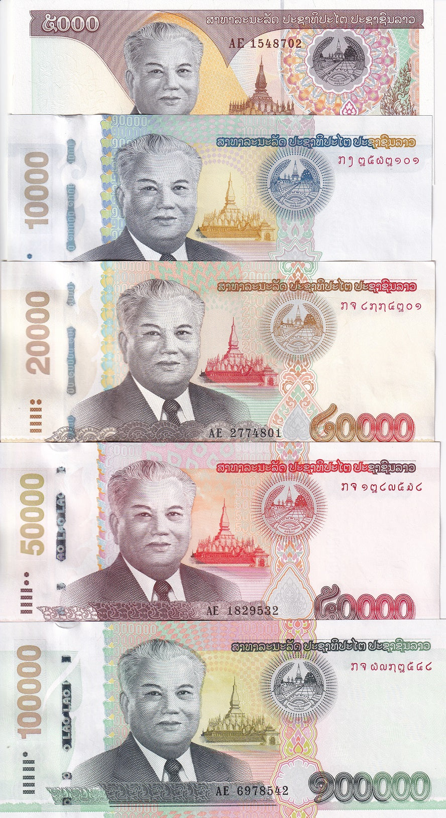 Laos Set 5 Pcs 5000 10000 20000 50000 100000 Kip 2020/ 2022 P 41Aa-42A UNC