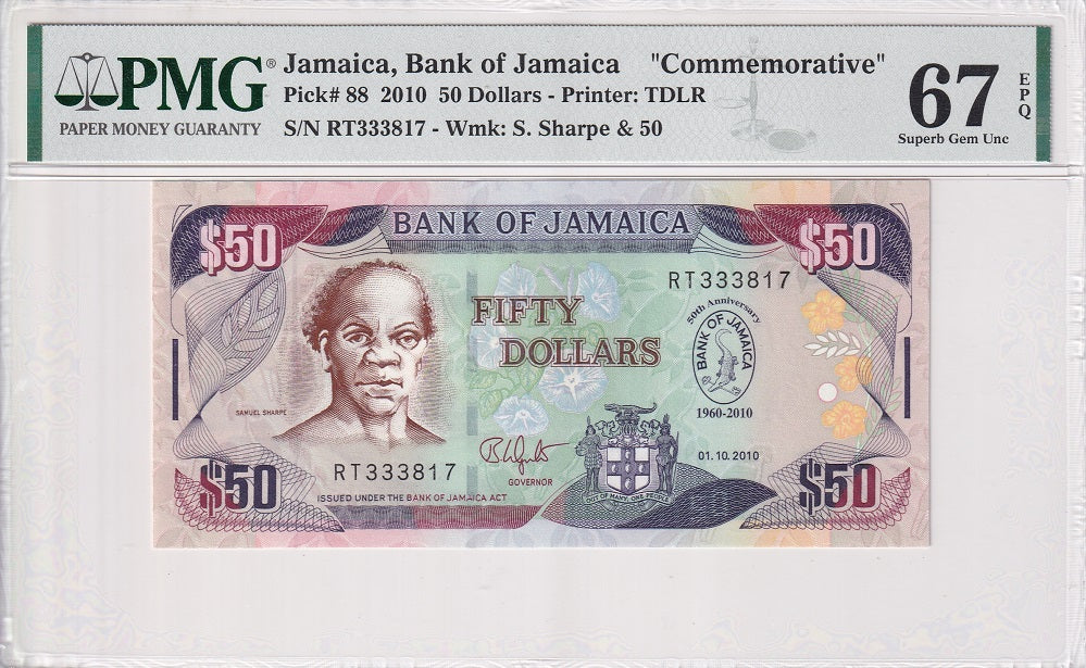 Jamaica 50 Dollars 2010 P 88 Comm. Superb Gem UNC PMG 67 EPQ