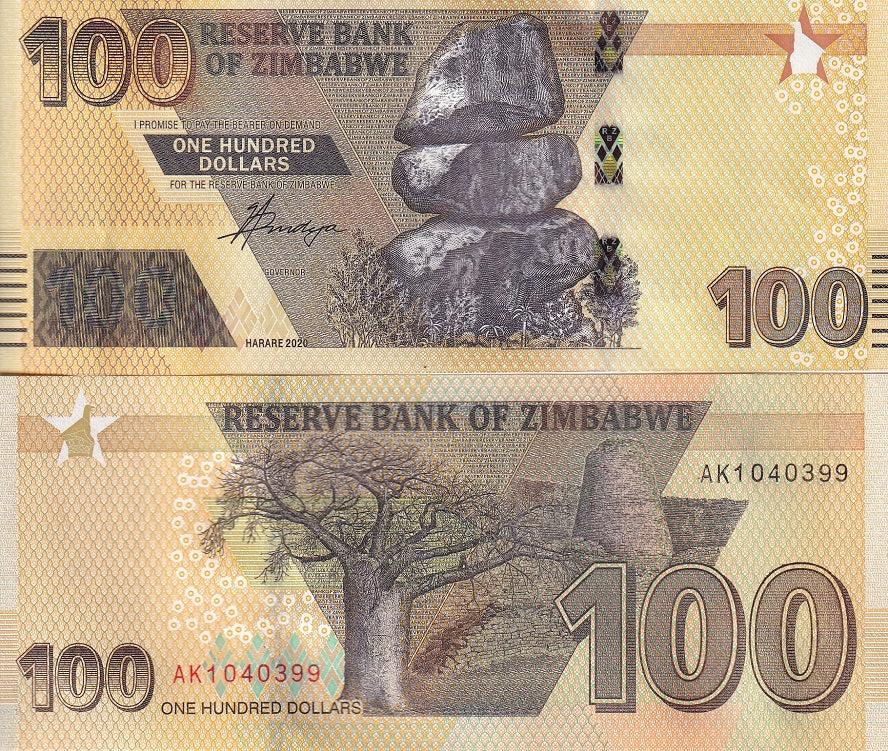 Zimbabwe 100 Dollars 2020 / 2022 P New UNC