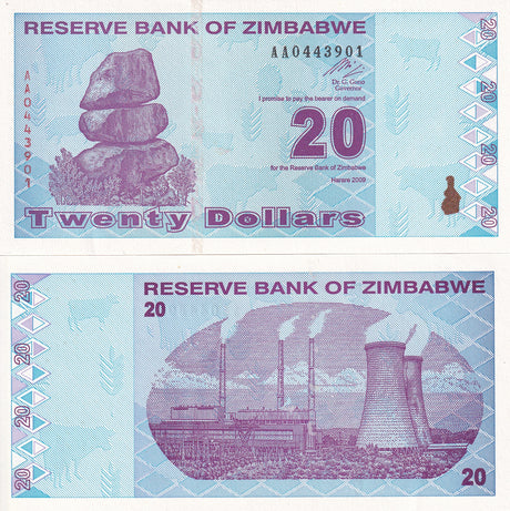Zimbabwe 20 Dollars 2009 P 95 UNC LOT 5 PCS
