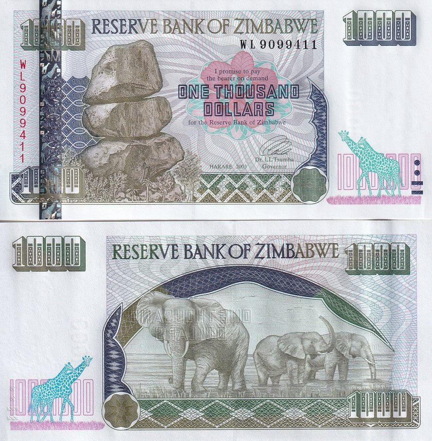 Zimbabwe 1000 Dollars 2003 P 12 a Large Digits UNC