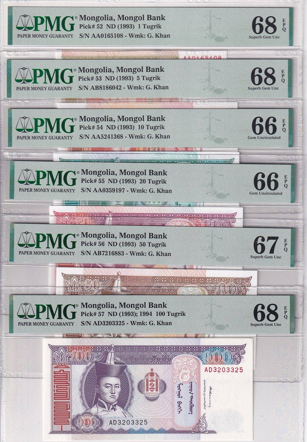 Mongolia Set 6; 1-10 20 50 100 TUGRIK 1993 P 52- 57 Superb Gem UNC PMG 66-68 EPQ