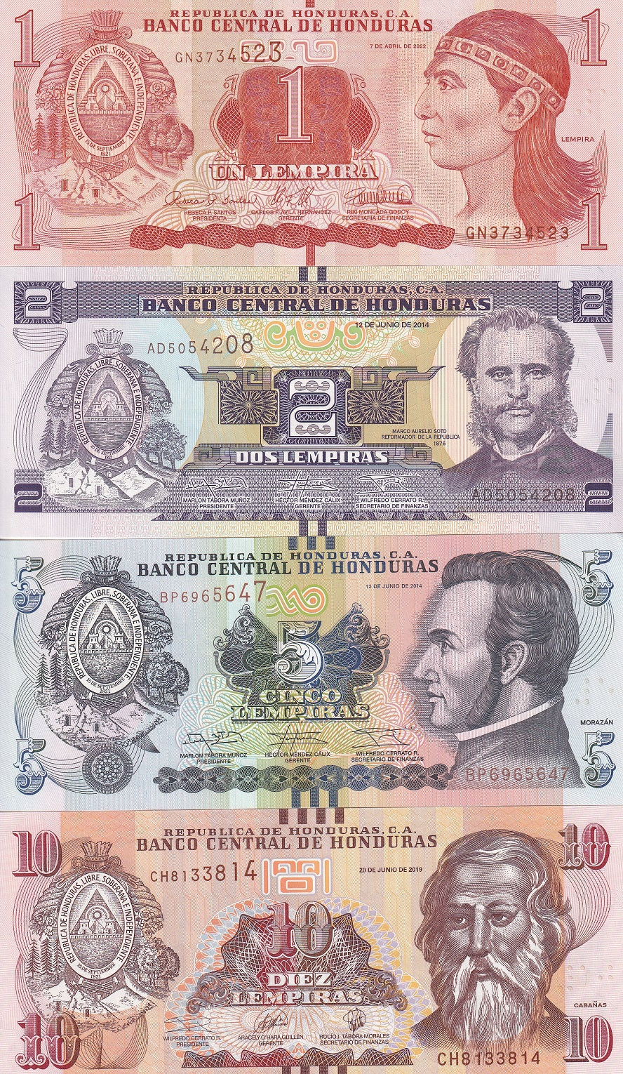 Honduras Set 4 Pcs 1 2 5 10 Lempiras Random Date P 96 97 98 99 UNC