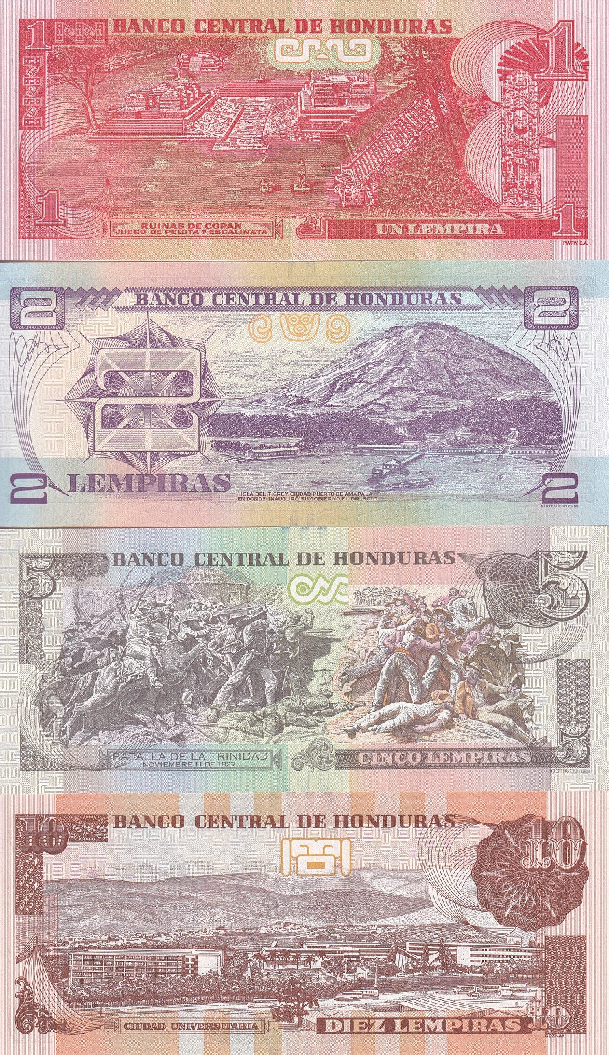 Honduras Set 4 Pcs 1 2 5 10 Lempiras Random Date P 96 97 98 99 UNC