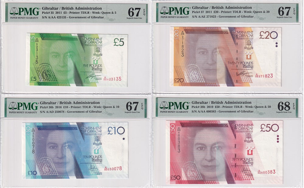 Gibraltar Set 4; 5 10 20 50 Pounds 2011-19 P 35- 38 Superb Gem UNC PMG 67 68 EPQ